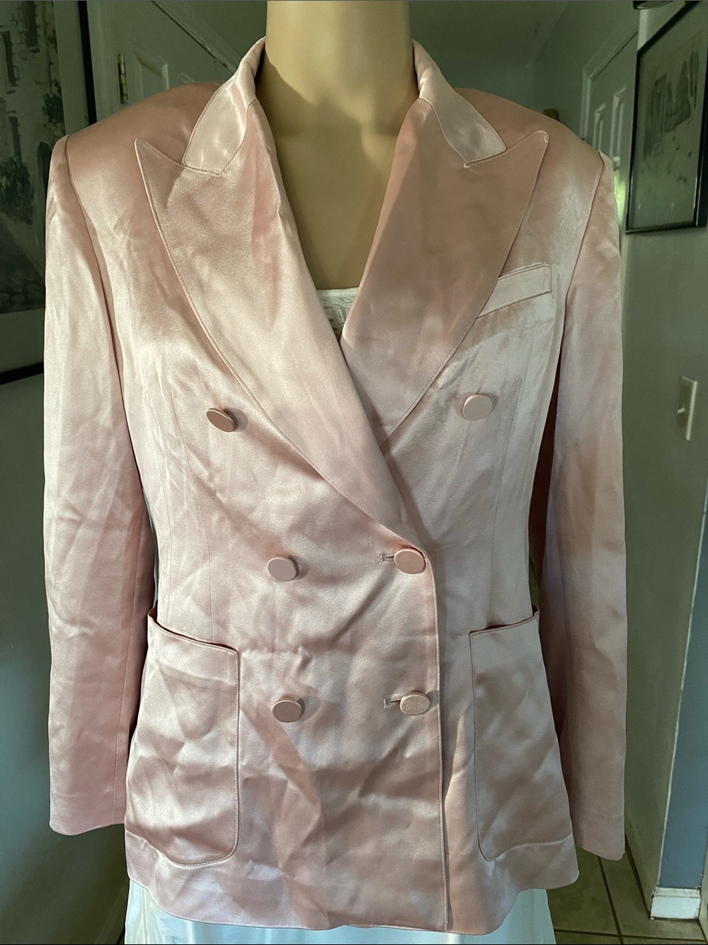Ronny Kobo Collection Pale Pink Double-Breasted Satin Blazer
